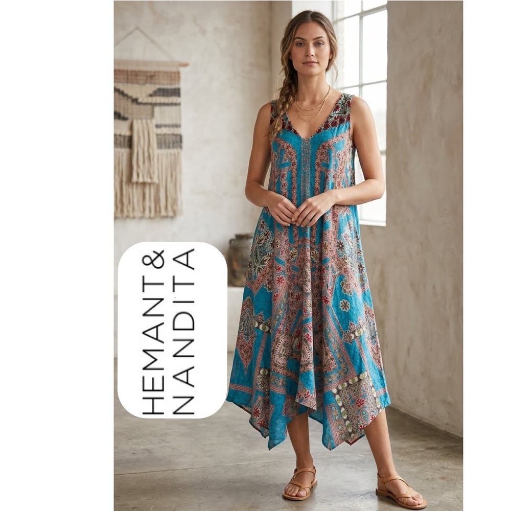 Hemant & Nandita Blue Paisley Floral Embroidered Handkerchief Hem Midi Dress M